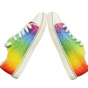 Rainbow Glitter Ombre Lace Up Sneakers Low Top White Toe Cap Size 43 M-9.5 W-11